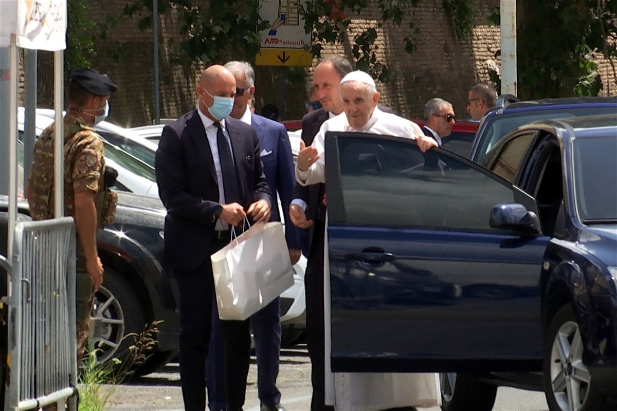 <i>Cristiano Corvino/Reuters</i><br/>Pope Francis is seen after being discharged from Rome's Gemelli University Hospital.
