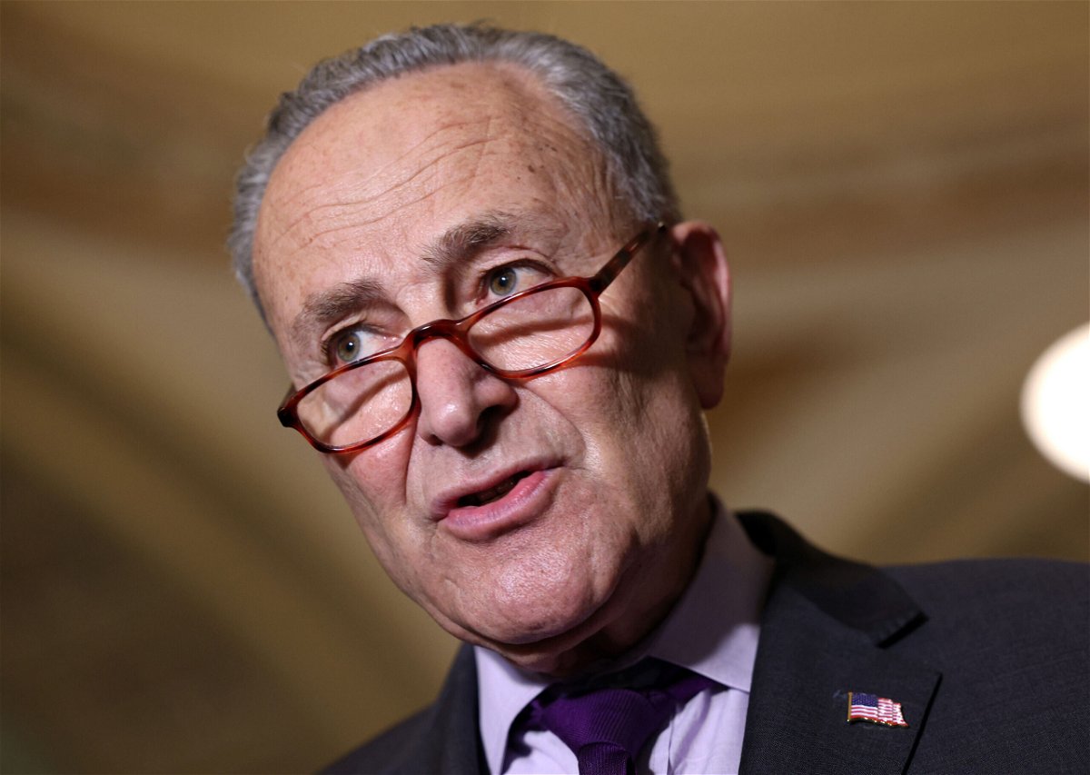 <i>Kevin Dietsch/Getty Images</i><br/>Senate Majority Leader Charles Schumer (D-NY) speaks to reporters following a Senate Democratic luncheon at the U.S. Capitol on June 15. Lawmakers have yet to clinch a bipartisan infrastructure deal as of July 26.