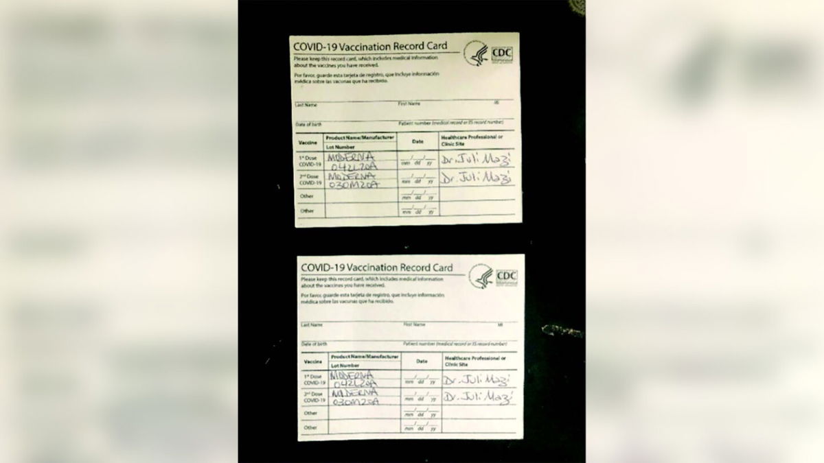 <i>US District Court</i><br/>The criminal complaint against Juli A. Mazi included photos of falsified vaccine cards.