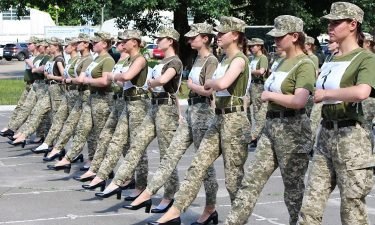 A handout photograph taken and released by the Ukrainian Defence ministry press-service on July 2 shows the Ukrainian female soldiers wearing heels while taking part in the the military parade rehearsal in Kiev.