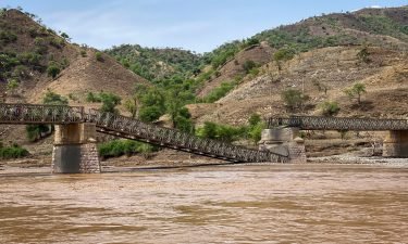 A destroyed bridge crossing the Tekeze River is seen in the Tigray region of northern Ethiopia Thursday