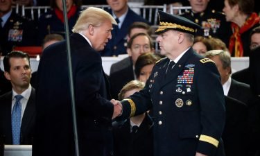 Then-President Donald Trump shakes hands with Army Chief of Staff General Mark A. Milley during the 58th Presidential Inauguration parade for Trump in January 2017.