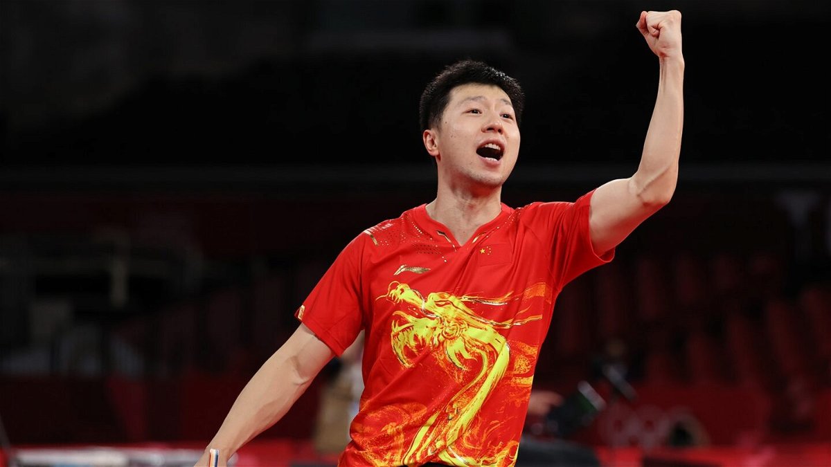 Ma Long of Team China celebrates winning his Men's Singles Semifinals match on day six of the Tokyo 2020 Olympic Games at Tokyo Metropolitan Gymnasium on July 29