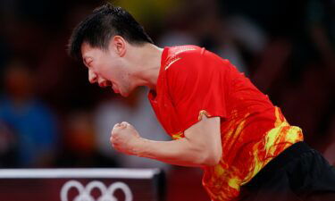 Ma Long celebrates in the men's table tennis singles semifinal