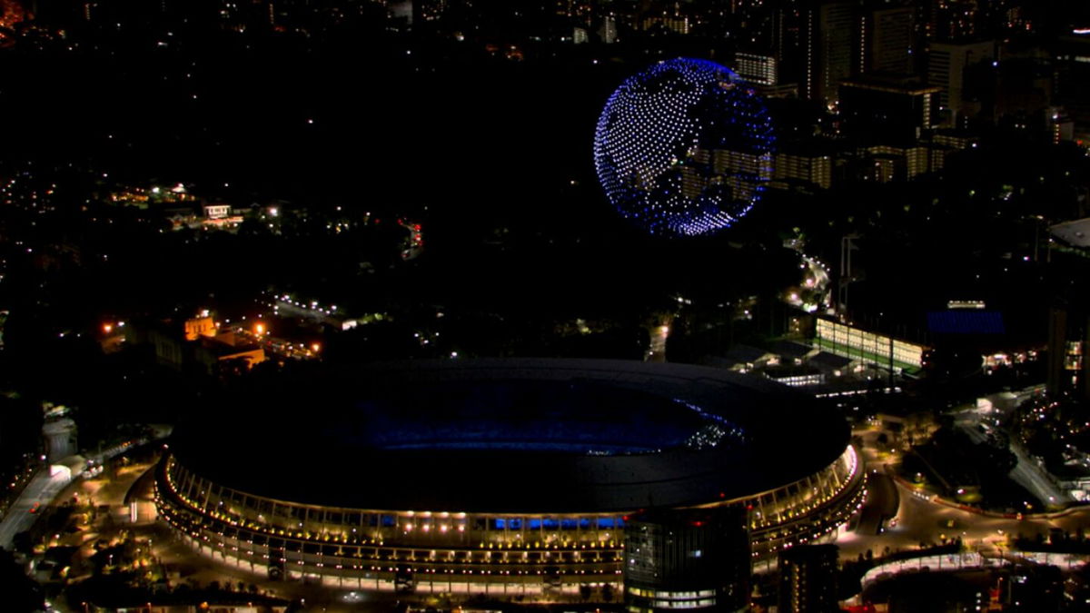 The Olympic Stadium lit up at night