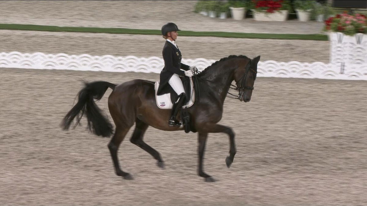 A rider and horse ride a dressage test in an arena