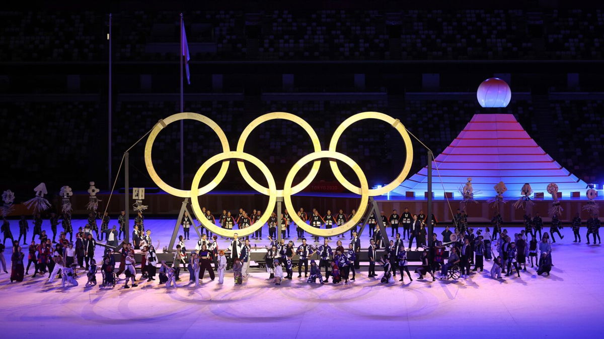The Olympic rings are shown during the Tokyo Olympics Opening Ceremony.