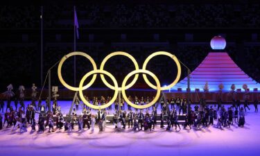 The Olympic rings are shown during the Tokyo Olympics Opening Ceremony.