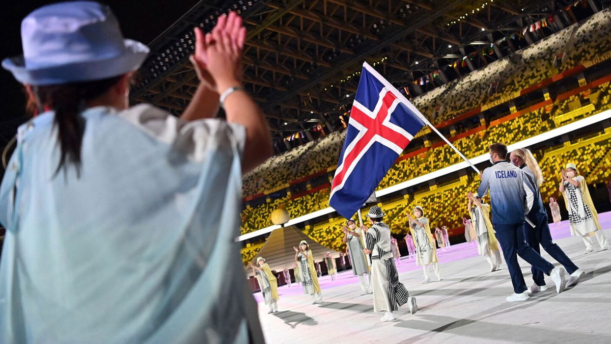 Iceland enters Olympic Stadium third in the Parade of Nations