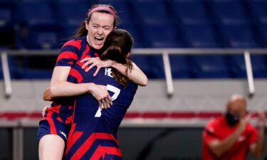 Rose Lavelle celebrates scoring the opening goal for the USWNT against New Zealand with teammate Tobin Heath.