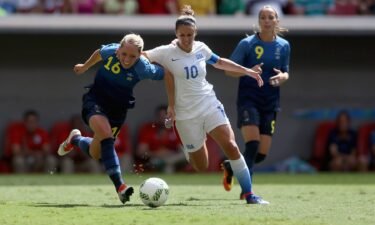 Carli Lloyd of United States battles for the ball against Elin Rubensson of Sweden during a soccer quarterfinal match of the Rio 2016 Olympic Games