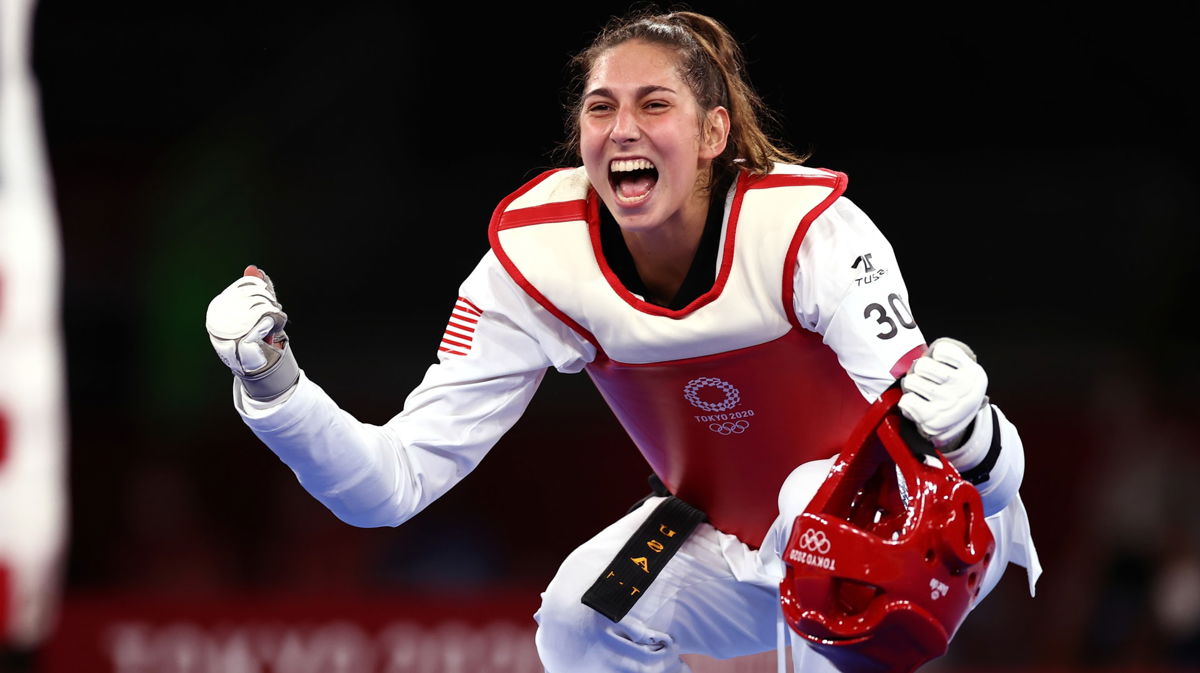 Anastasija Zolotic of Team United States celebrates after defeating Tatiana Minina of Team ROC during the Women's -57kg Taekwondo Gold Medal contest on day two of the Tokyo 2020 Olympics