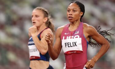 Allyson Felix competes in the women's 400m track and field semifinals