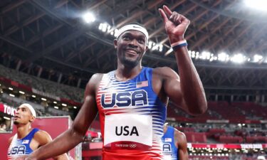 U.S. runner Rai Benjamin celebrates his team's victory in the men's 4x400 relay at the 2020 Tokyo Olympic Games.