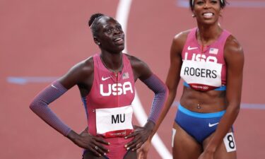 Gold medalist Athing Mu of Team United States and bronze medalist Raevyn Rogers of Team United States celebrate after the Women's 800m Final on day eleven of the Tokyo 2020 Olympic Games