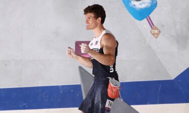 Nathaniel Coleman of the United States celebrates during the sport climbing men's combined final on day thirteen of the Tokyo 2020 Olympic Games at Aomi Urban Sports Park