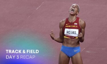 Venezuela's Yulimar Rojas celebrates victory in the womens triple jump final athletics event during the 2020 Summer Olympic Games
