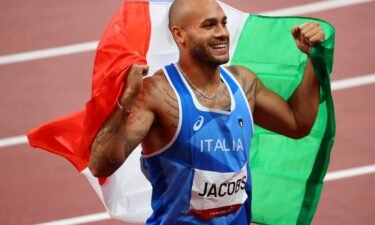 Lamont Marcell Jacobs of Team Italy celebrates after winning gold in the Men's 100m Final