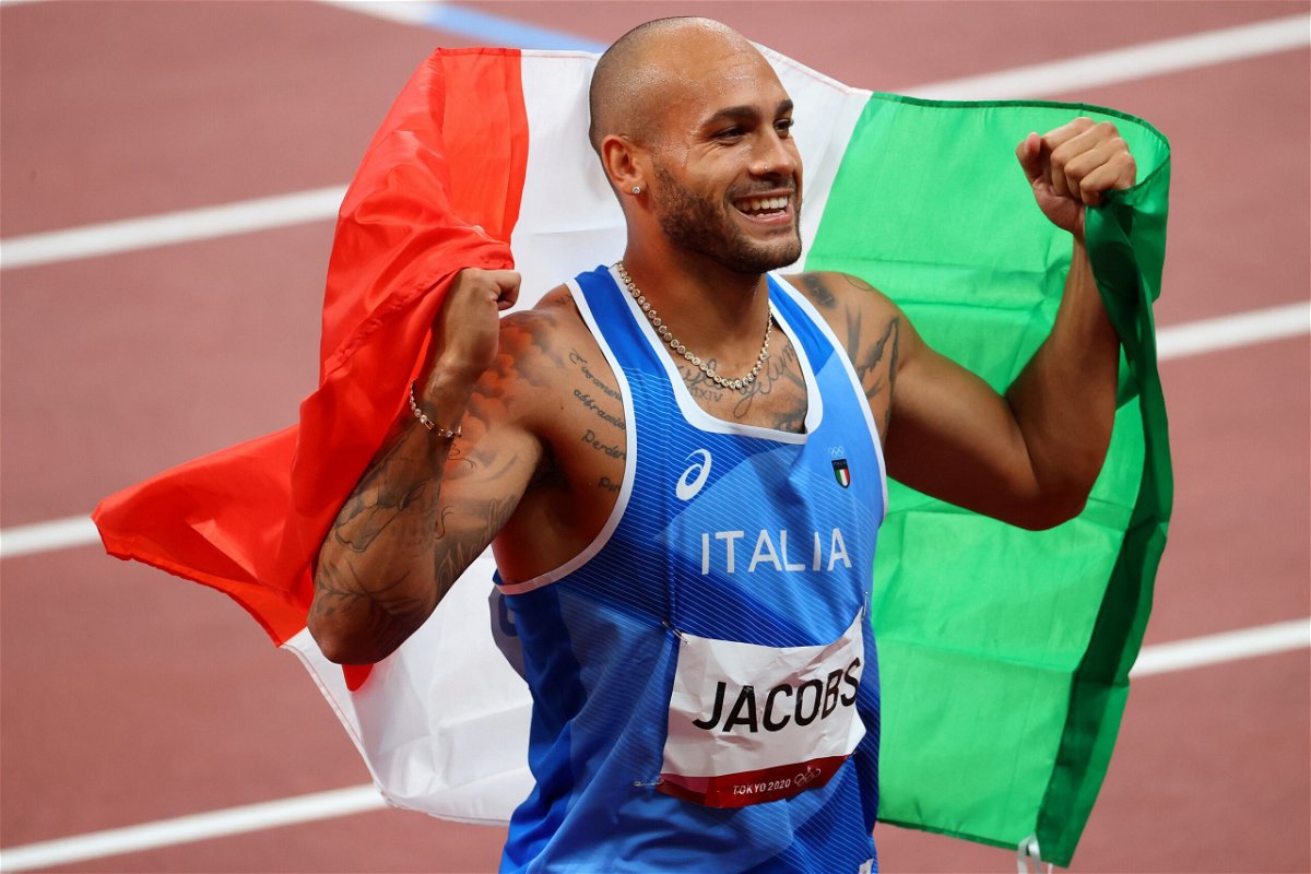Lamont Marcell Jacobs of Team Italy celebrates after winning gold in the Men's 100m Final