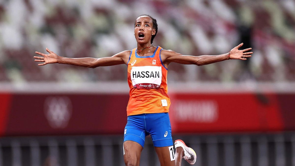 Sifan Hassan of Team Netherlands celebrates as she wins the gold medal in the Women's 10