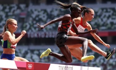 Hyvin Kiyeng of Team Kenya and Lili Anna Toth of Team Hungary compete in round one of the Women's 3000m Steeplechase heats on day nine of the Tokyo 2020 Olympic Games