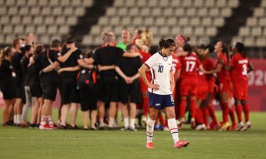 Carli Lloyd of the United States walks off the field following defeat in the women's semifinal match between USA and Canada on day ten of the Tokyo Olympic Games at Kashima Stadium.