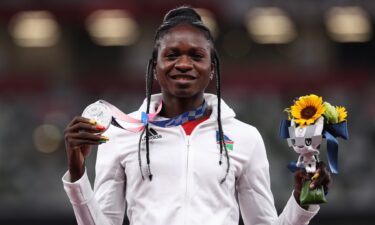 Christine Mboma of Namibia holds her silver medal for the Women's 200m at the 2020 Olympic Games