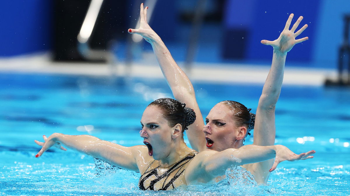 Svetlana Kolesnichenko and Svetlana Romashina of ROC compete in the free routine preliminary on day ten of the Tokyo 2020 Olympic Games