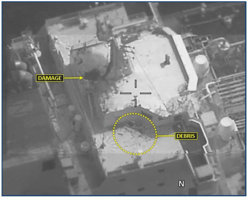 <i>US Central Command</i><br/>Images shows damage to the Mercer Street vessel caused by an UAV attack 29-30 July 202
