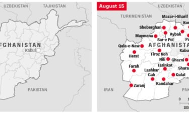 This graphic shows the cities in Afghanistan conquered by the Taliban from August 6 to August 15.