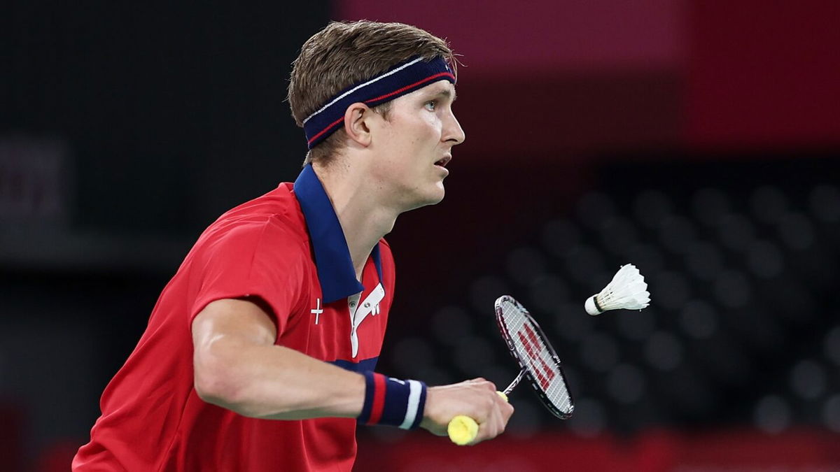 Viktor Axelsen of Team Denmark competes against Chen Long of Team China during the Men’s Singles Gold Medal match on day ten of the Tokyo 2020 Olympics