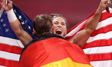 Valarie Allman celebrates following the Women's discus Final on day ten of the Tokyo 2020 Olympic Games