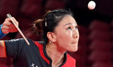 Germany's Xiaona Shan has her eye on the ball during a women's team quarterfinals table tennis match