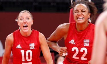 Jordan Larson (10) and Haleigh Washington of Team USA celebrate at the Tokyo Olympics.