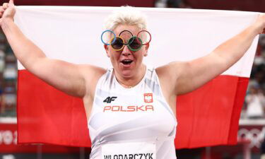 Anita Wlodarczyk of Team Poland celebrates after winning gold in the Women's Hammer Throw Final on day eleven of the Tokyo 2020 Olympic Games