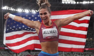 Valarie Allman of Team United States reacts after winning the gold medal in the women's discus throw final on day ten of the Tokyo 2020 Olympic Games