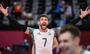 Argentina's Facundo Conte celebrates their victory in the men's bronze medal volleyball match between Argentina and Brazil during the Tokyo 2020 Olympic Games