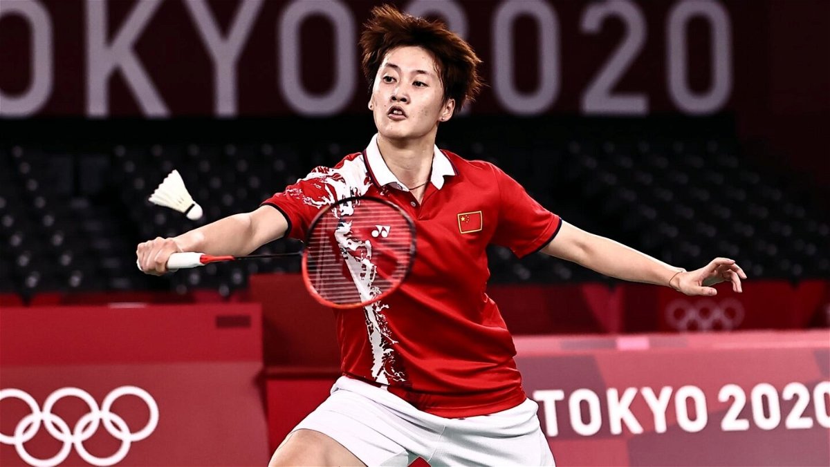 Chen Yufei of Team China competes against An Seyoung of Team South Korea during their Women's Singles Quarterfinal badminton match on day seven of the Tokyo 2020 Olympic Games