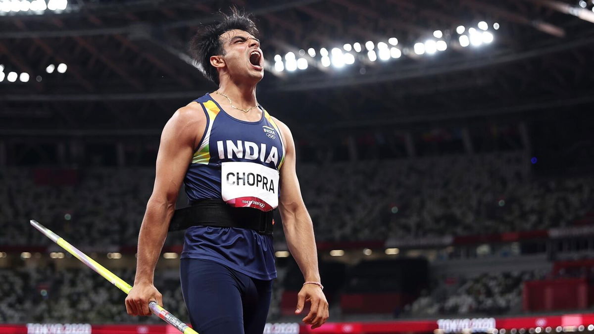 Neeraj Chopra of Team India reacts as he competes in the Men's Javelin Throw Final on day fifteen of the Tokyo 2020 Olympic Games