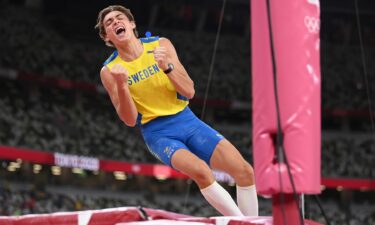 Armand "Mondo" Duplantis of Sweden celebrates after winning the gold medal in the men's pole vault final on Day 11 of the Tokyo 2020 Olympic Games.