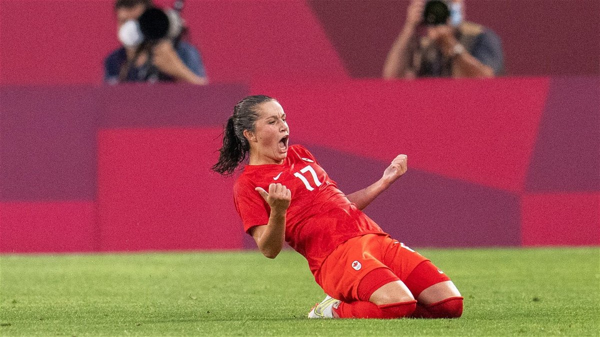 Jessie Fleming #17 of Canada celebrates her goal during a game between Canada and USWNT at Kashima Soccer Stadium on August 2