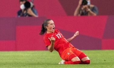 Jessie Fleming #17 of Canada celebrates her goal during a game between Canada and USWNT at Kashima Soccer Stadium on August 2