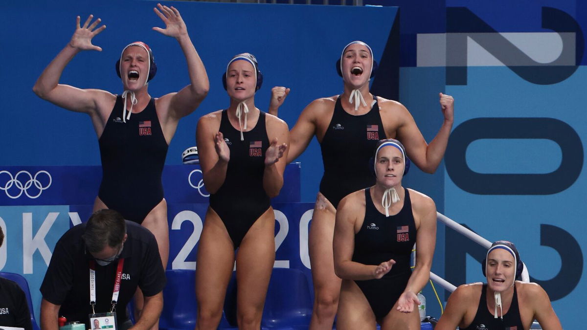 Team USA cheers from the bench during the Women's Gold Medal match versus Spain at the Tokyo 2020 Olympic Games in Japan