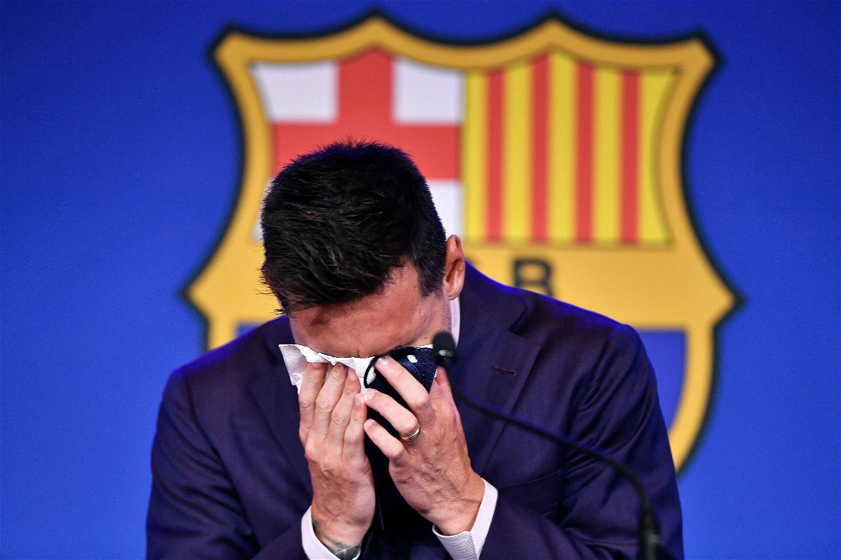 <i>Pau Barrena/AFP/Getty Images</i><br/>Lionel Messi is reduced to tears during his farewell press conference at the Camp Nou stadium.