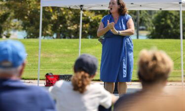 Rep. Katie Porter speaks during a town hall meeting at Mike Ward Community Park in Irvine