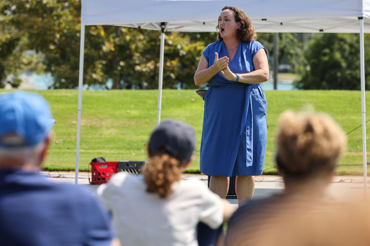<i>Robert Gauthier/Los Angeles Time/Shutterstock</i><br/>Rep. Katie Porter speaks during a town hall meeting at Mike Ward Community Park in Irvine