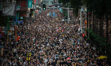 Demonstrators march during the Civil Human Rights Front march in Wan Chai