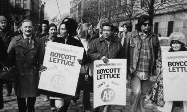 Cesar Chavez and Coretta Scott King lead a lettuce boycott march in New York City in 1973.