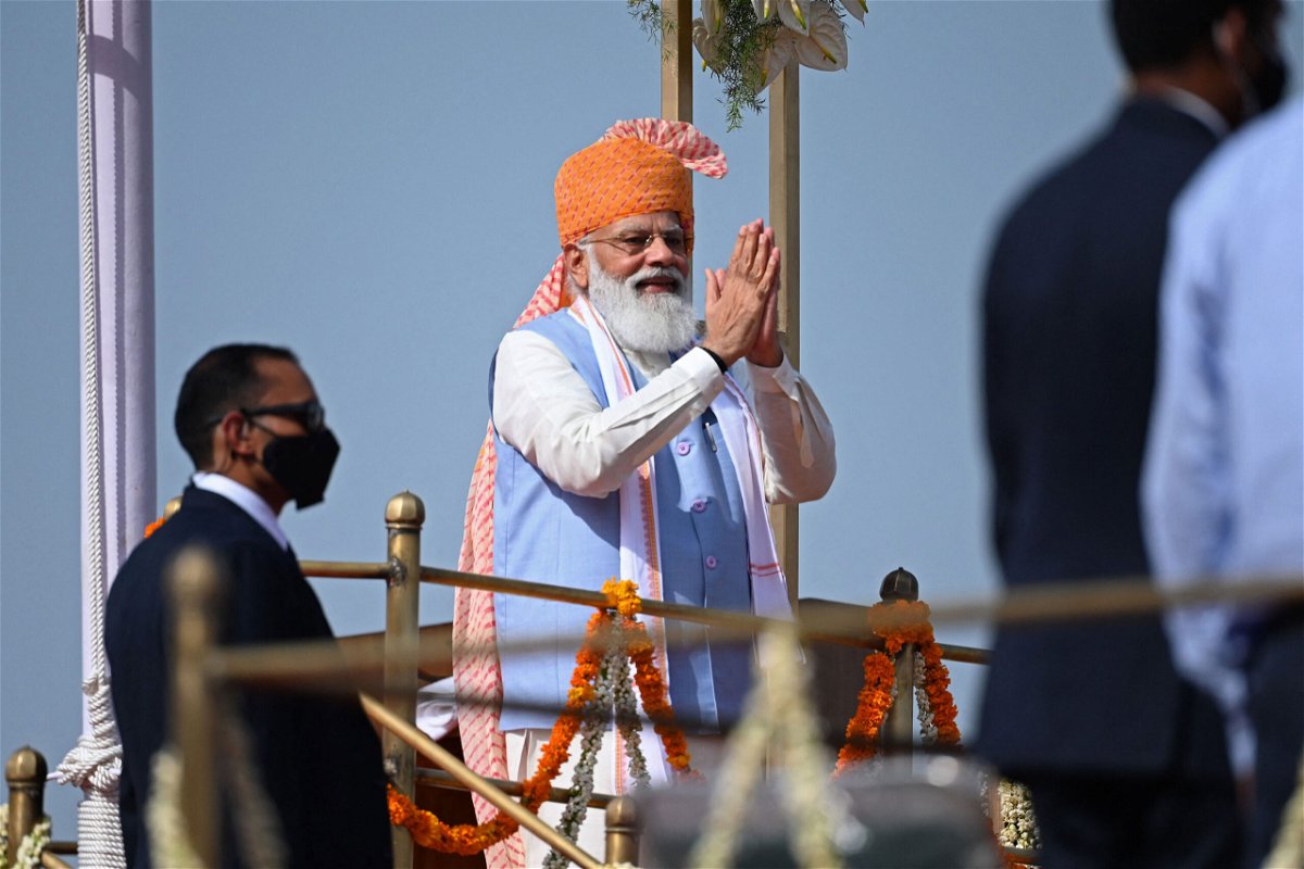 <i>Money Sharma/AFP/Getty Images</i><br/>India's Prime Minister Narendra Modi during celebrations to mark the country's 75th Independence Day in New Delhi on August 15.