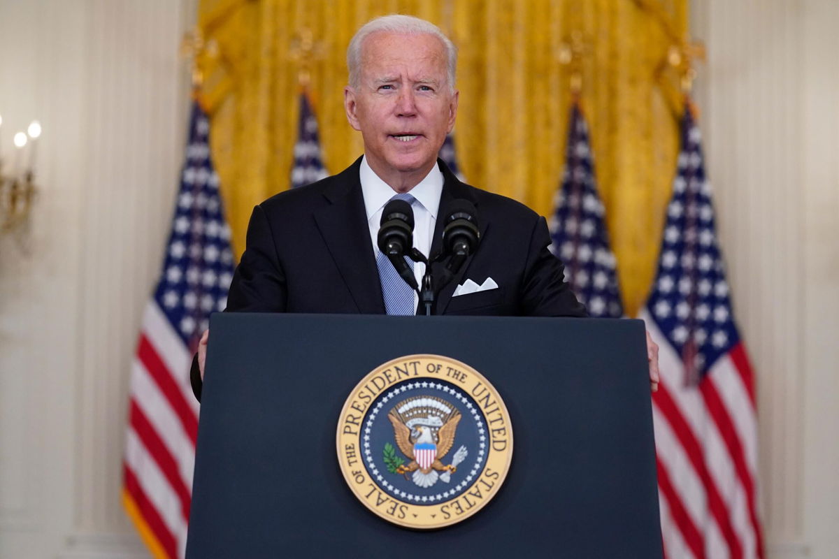 <i>Evan Vucci/AP</i><br/>More than 50 senators are urging President Joe Biden to quickly evacuate Afghan allies and their families. Biden here speaks at the White House